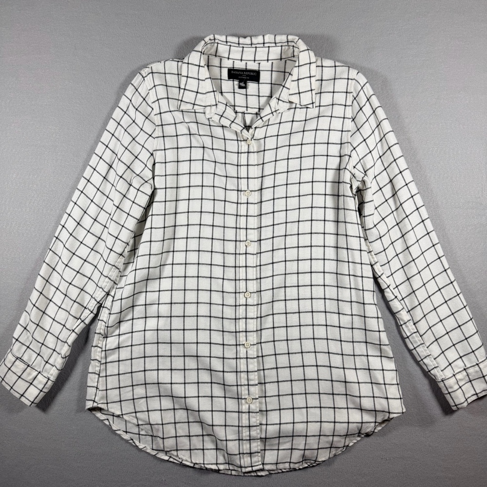 Banana Republic Boyfriend Fit White Windowpane Plaid Shirt Women’s M